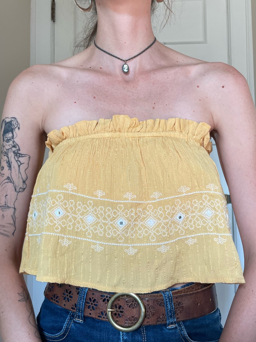 Yellow Embroidered Strapless Crop Top